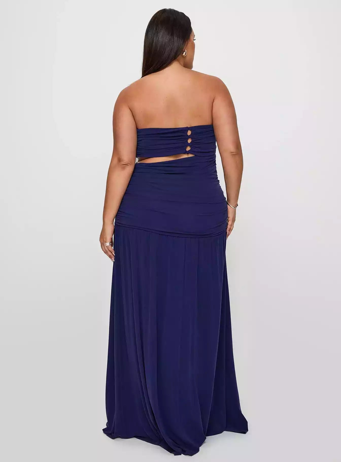 Prom Dresses with eye-catching plus size strapless long pleated hollow buttons and hidden zipper full lining