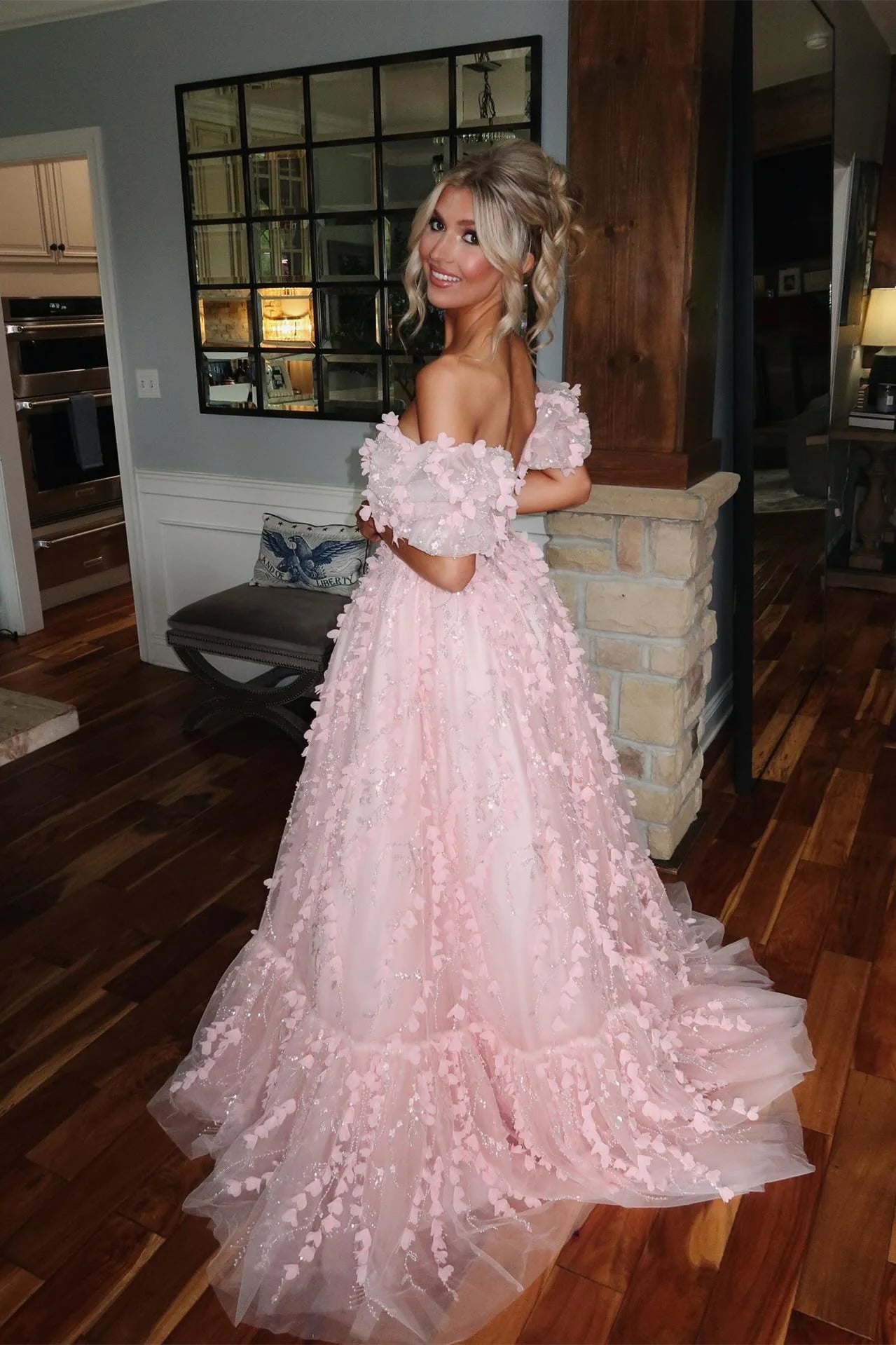 Puff Sleeves Pink 3D Floral A-line Long Unique Design Full Of Charm Prom Dresses