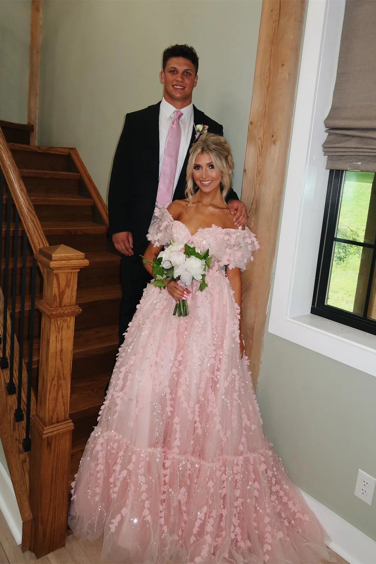 Puff Sleeves Pink 3D Floral A-line Long Unique Design Full Of Charm Prom Dresses