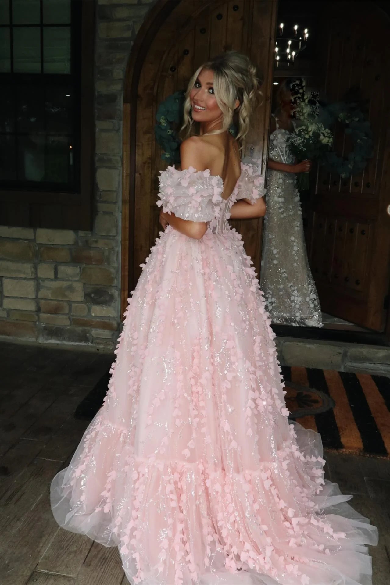 Puff Sleeves Pink 3D Floral A-line Long Unique Design Full Of Charm Prom Dresses
