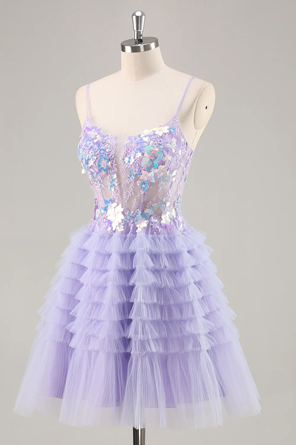 Purple A-Line Sequins Tulle Corset Short Homecoming Dress with Ruffles