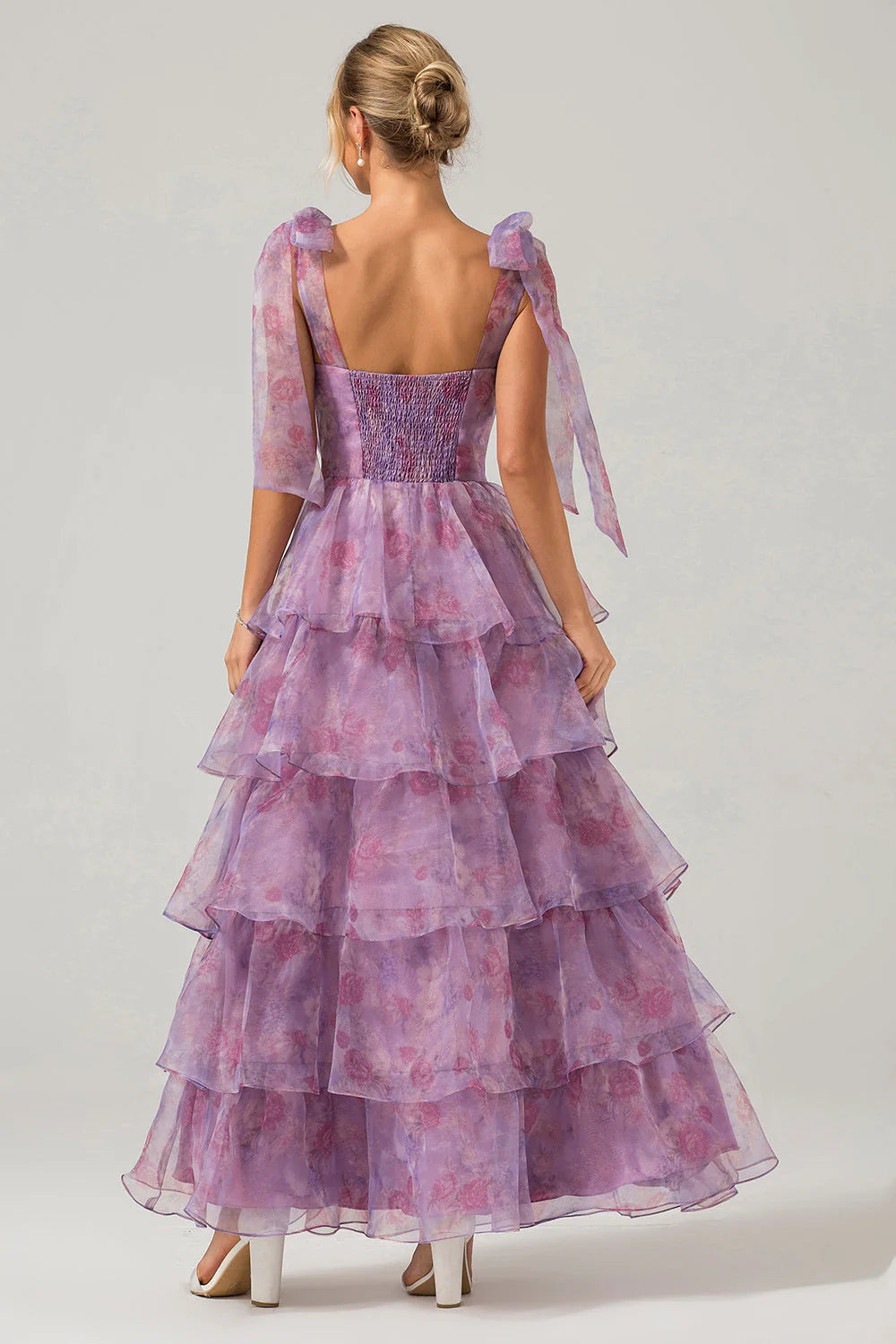 Purple A-Line Spaghetti Straps Tiered Floral Long Wedding Party Dress