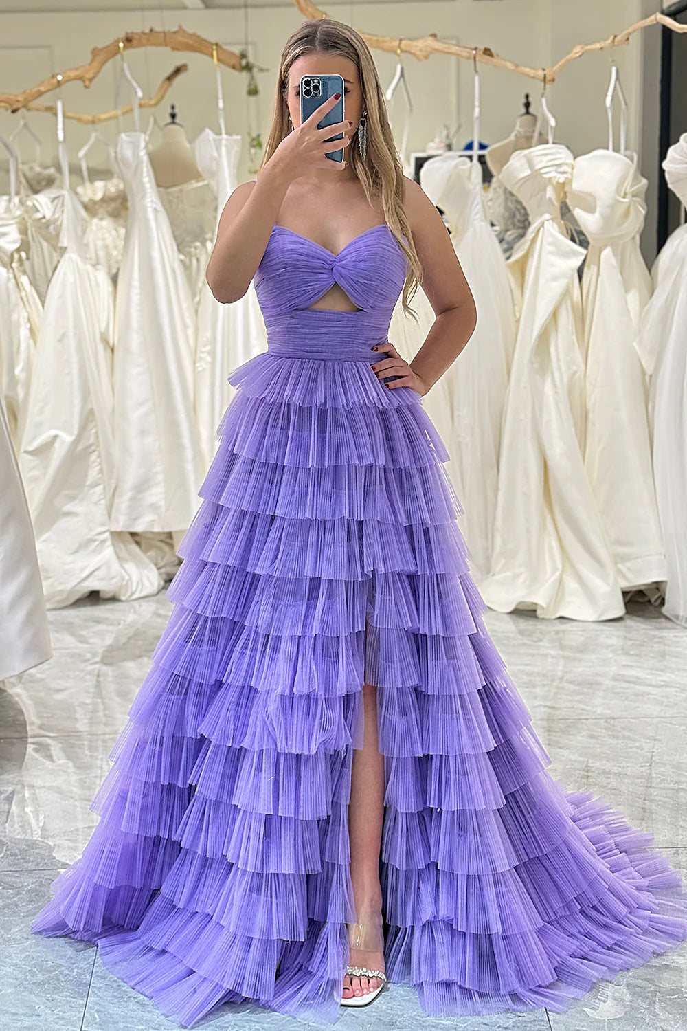 Purple A-Line Spaghetti Straps Tiered Long Tulle Prom Dress with Slit