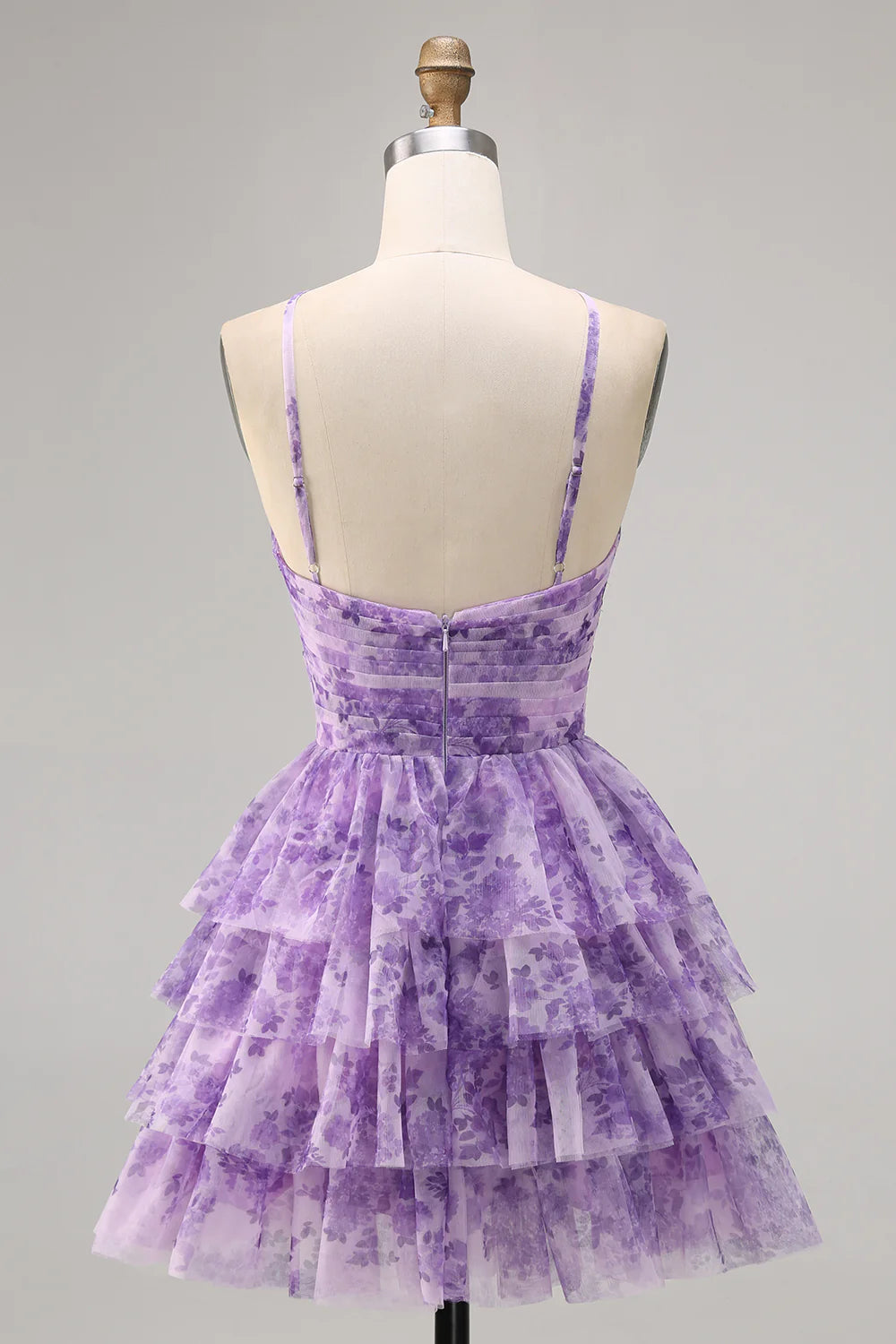 Purple A Line Keyhole Spaghetti Straps Short Homecoming Dress with Ruffles