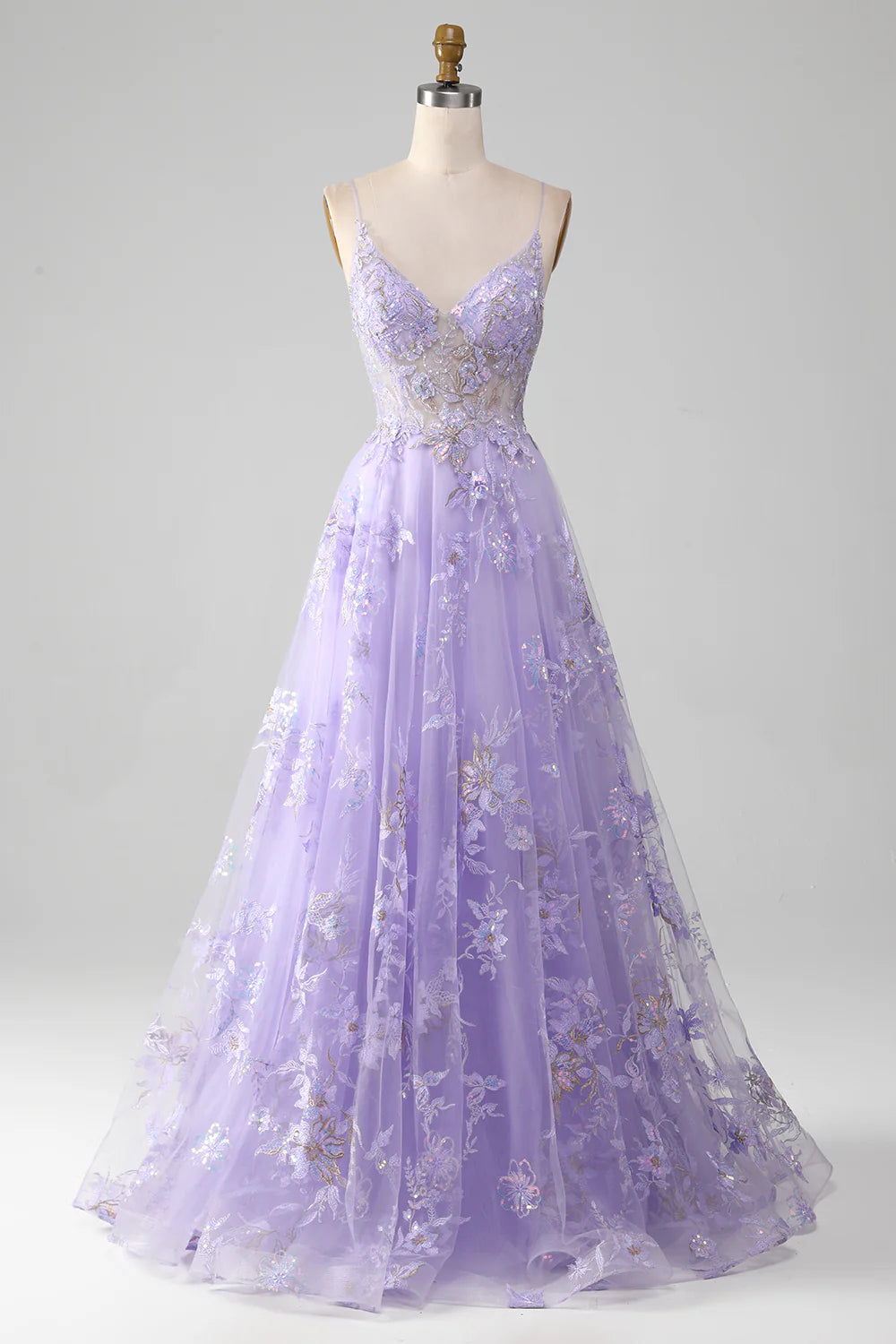 Purple A Line Spaghetti Straps Sparkly Prom Dress With Beading
