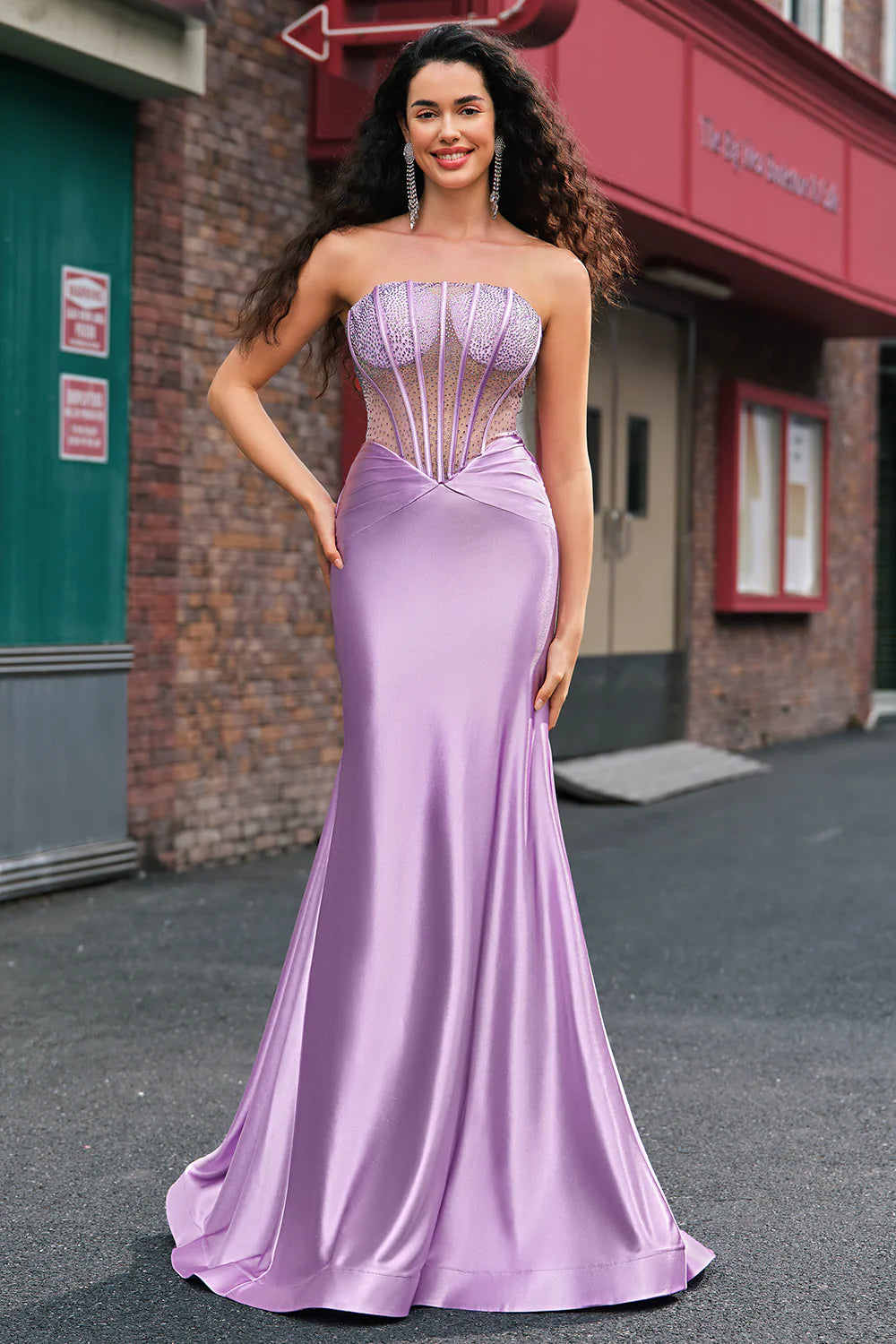 Purple Beaded Mermaid Corset Strapless Long Prom Dress