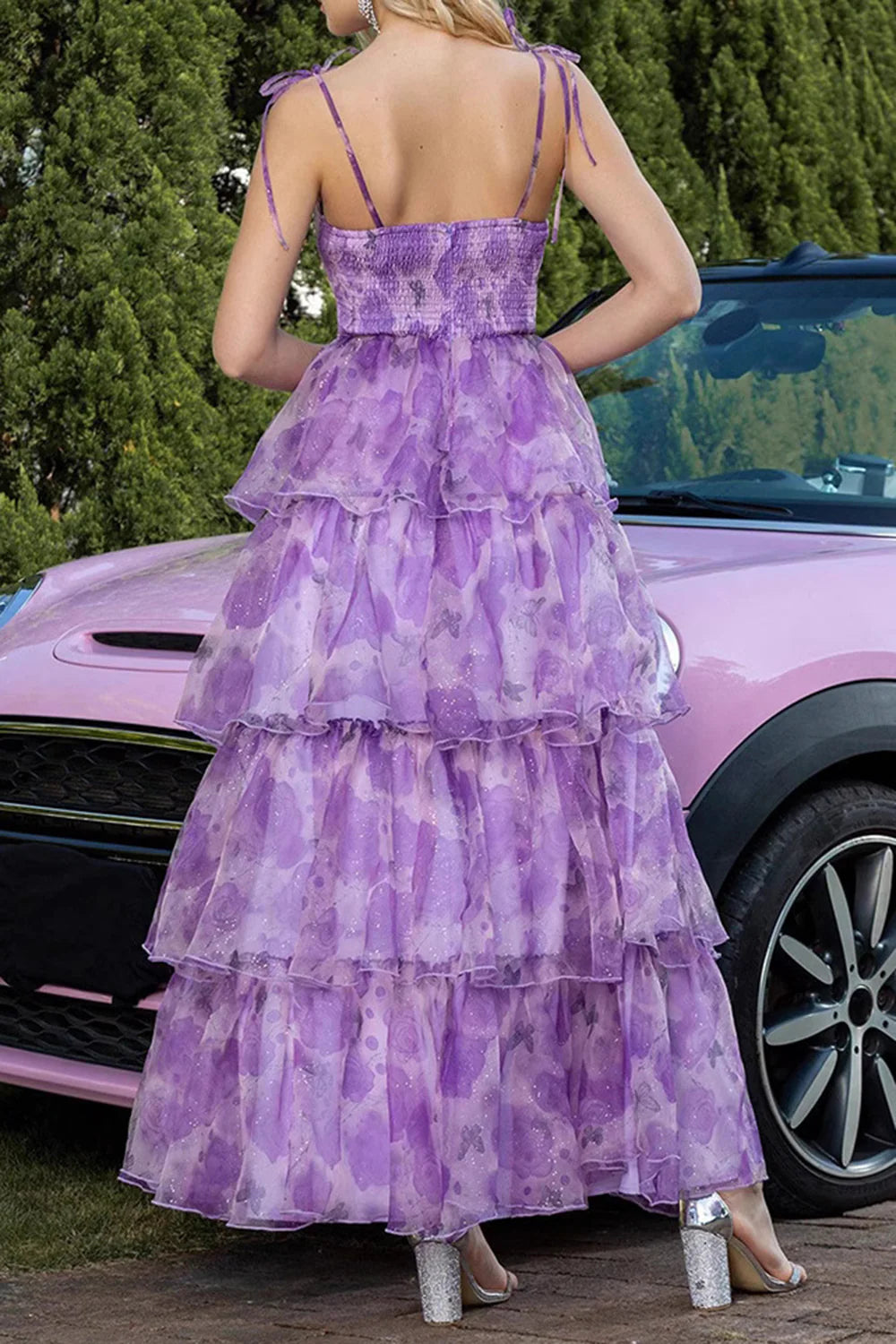 Purple Floral Tiered Cut Out High-Low Prom Dress with Ruffles