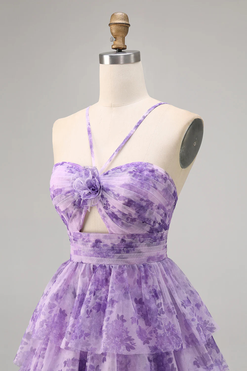 Purple Flower A Line Halter Printed Tiered Short Homecoming Dress