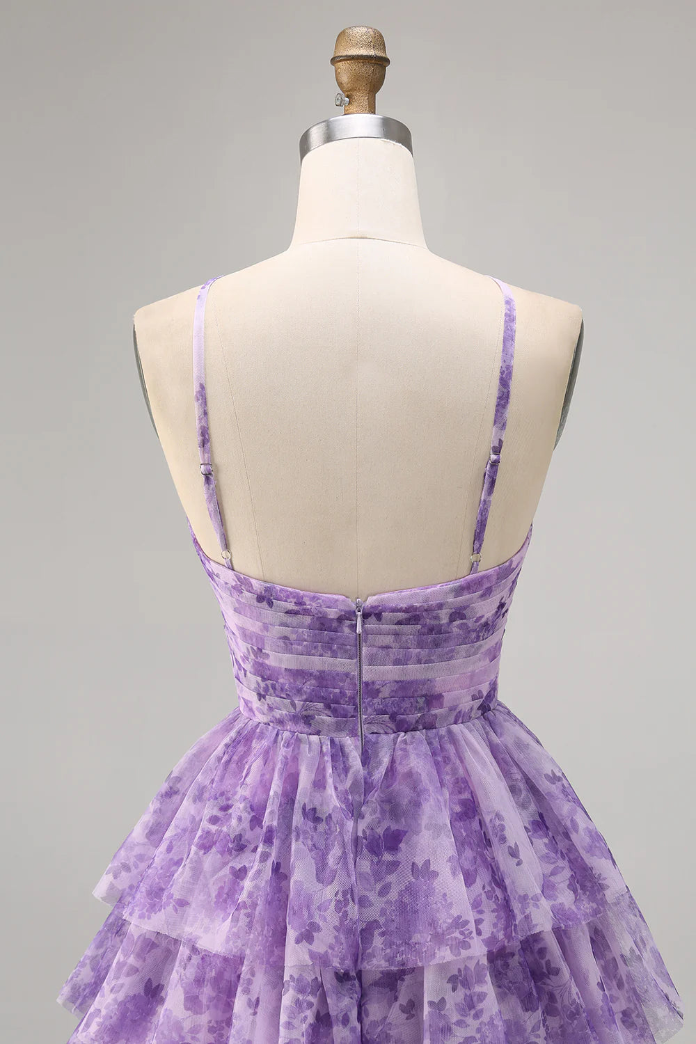 Purple Flower A Line Halter Printed Tiered Short Homecoming Dress