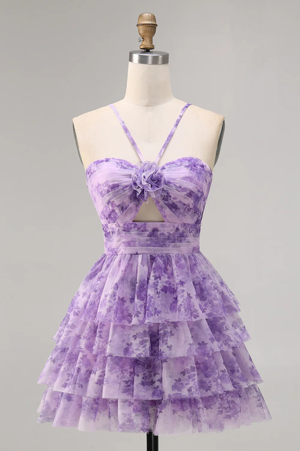 Purple Flower A Line Halter Printed Tiered Short Homecoming Dress