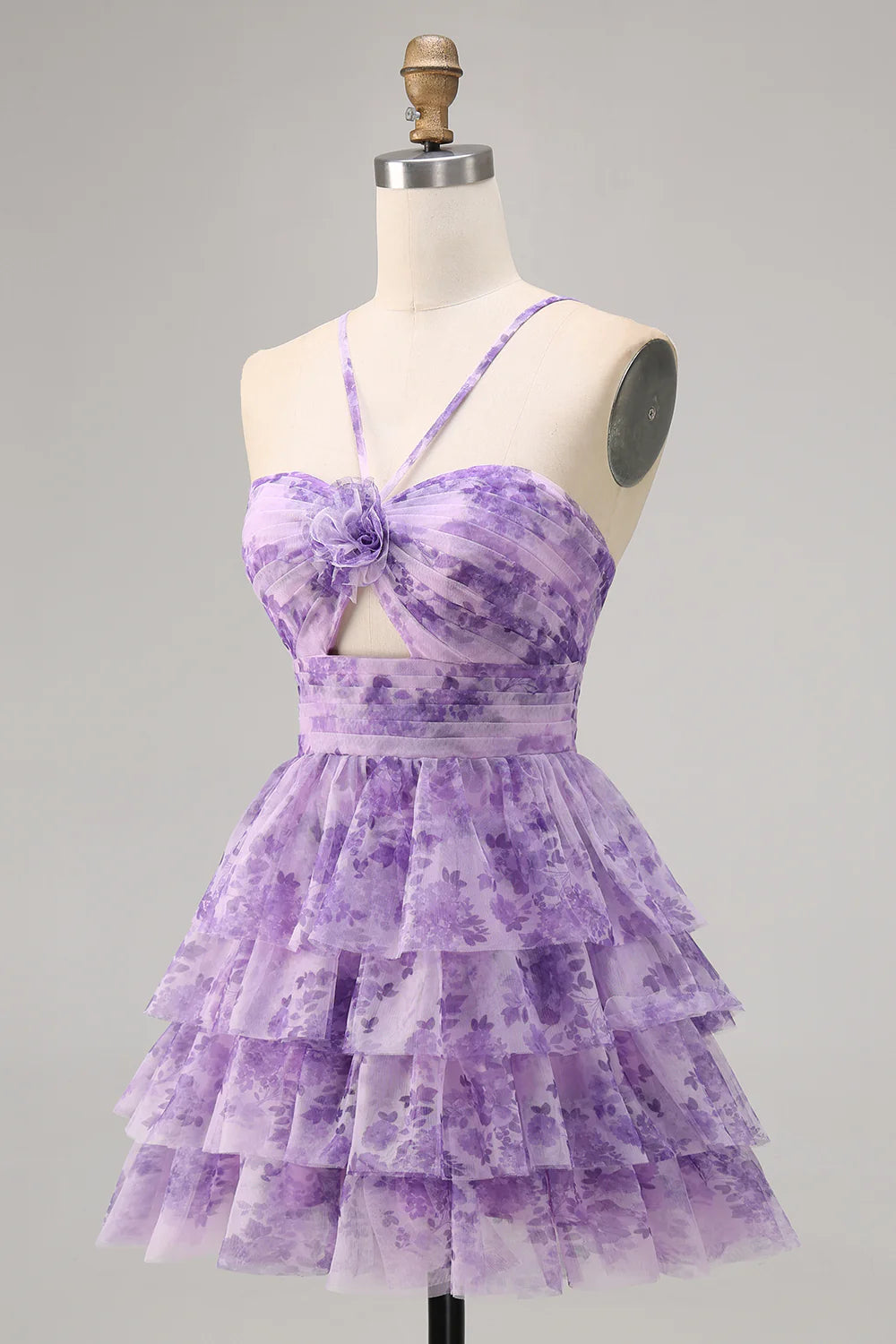 Purple Flower A Line Halter Printed Tiered Short Homecoming Dress