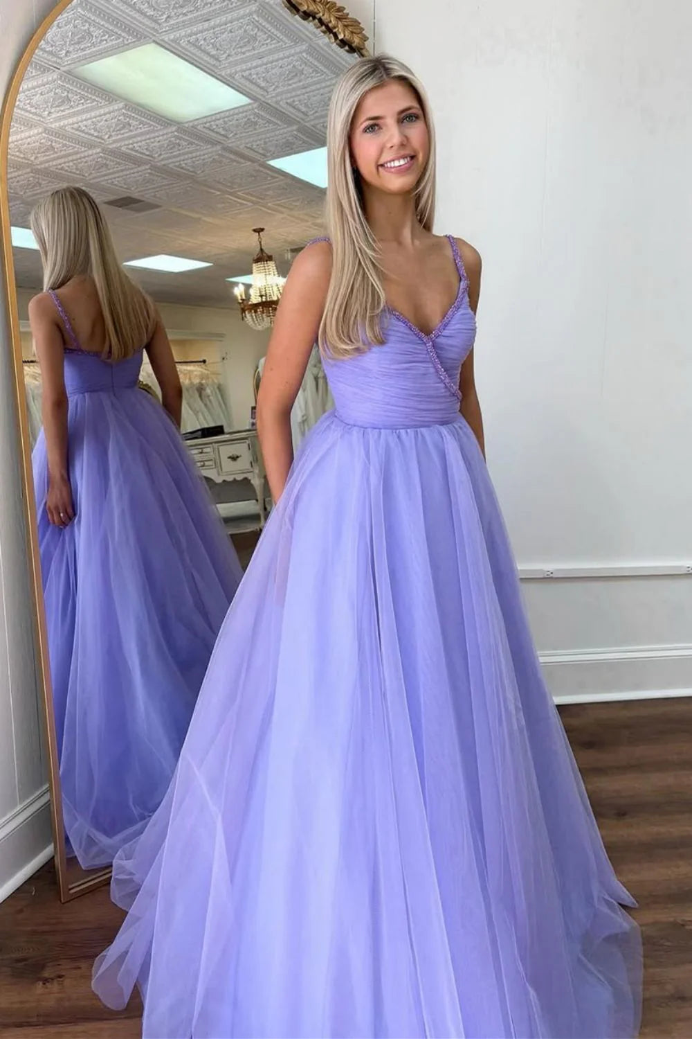 Purple Princess A-Line Spaghetti Straps Long Tulle Prom Dress