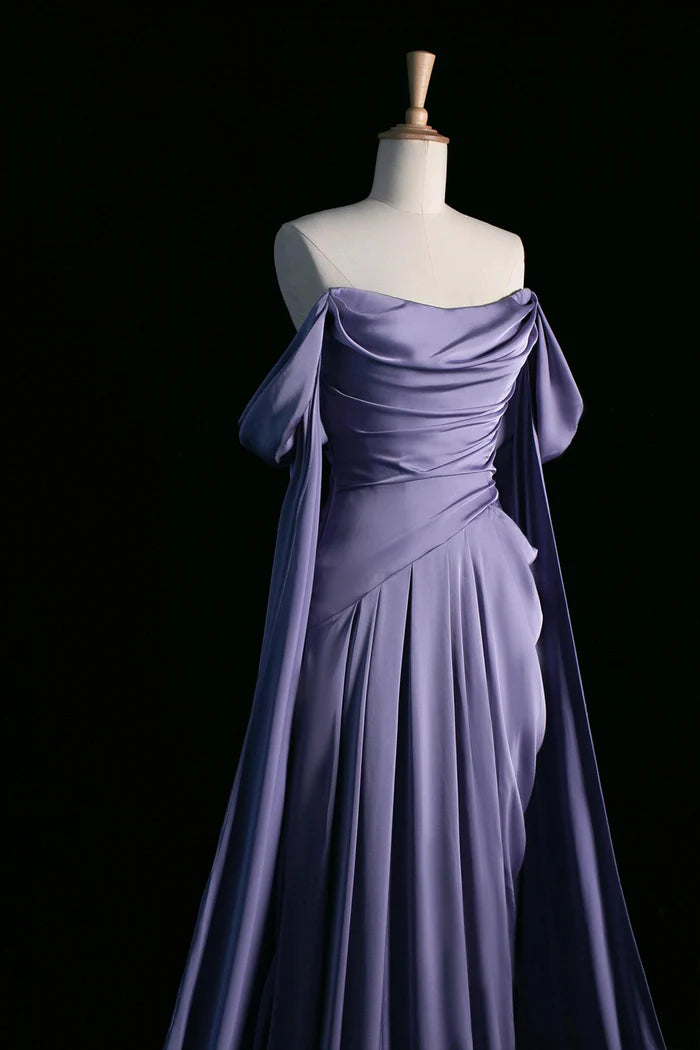 Purple Satin Long Prom Dress, Beautiful Off the Shoulder Evening Party Dress