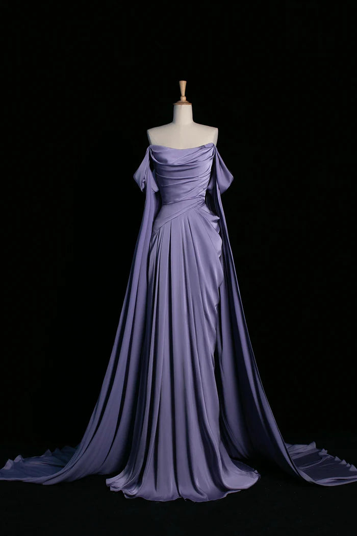 Purple Satin Long Prom Dress, Beautiful Off the Shoulder Evening Party Dress