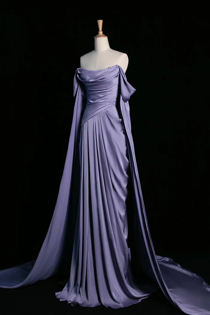 Purple Satin Long Prom Dress, Beautiful Off the Shoulder Evening Party Dress