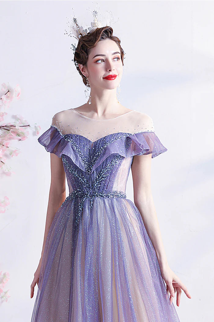 Purple Scoop Neckline Tulle Long Prom Dress, A-Line Formal Evening Dress