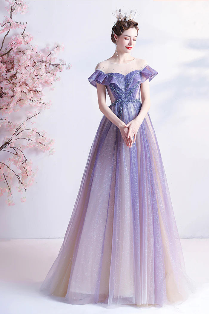 Purple Scoop Neckline Tulle Long Prom Dress, A-Line Formal Evening Dress