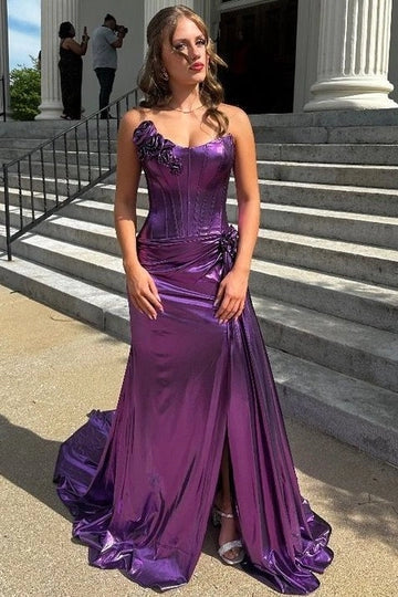 Purple Strapless Metallic Pleated Sleeveless Prom Dress with Slit