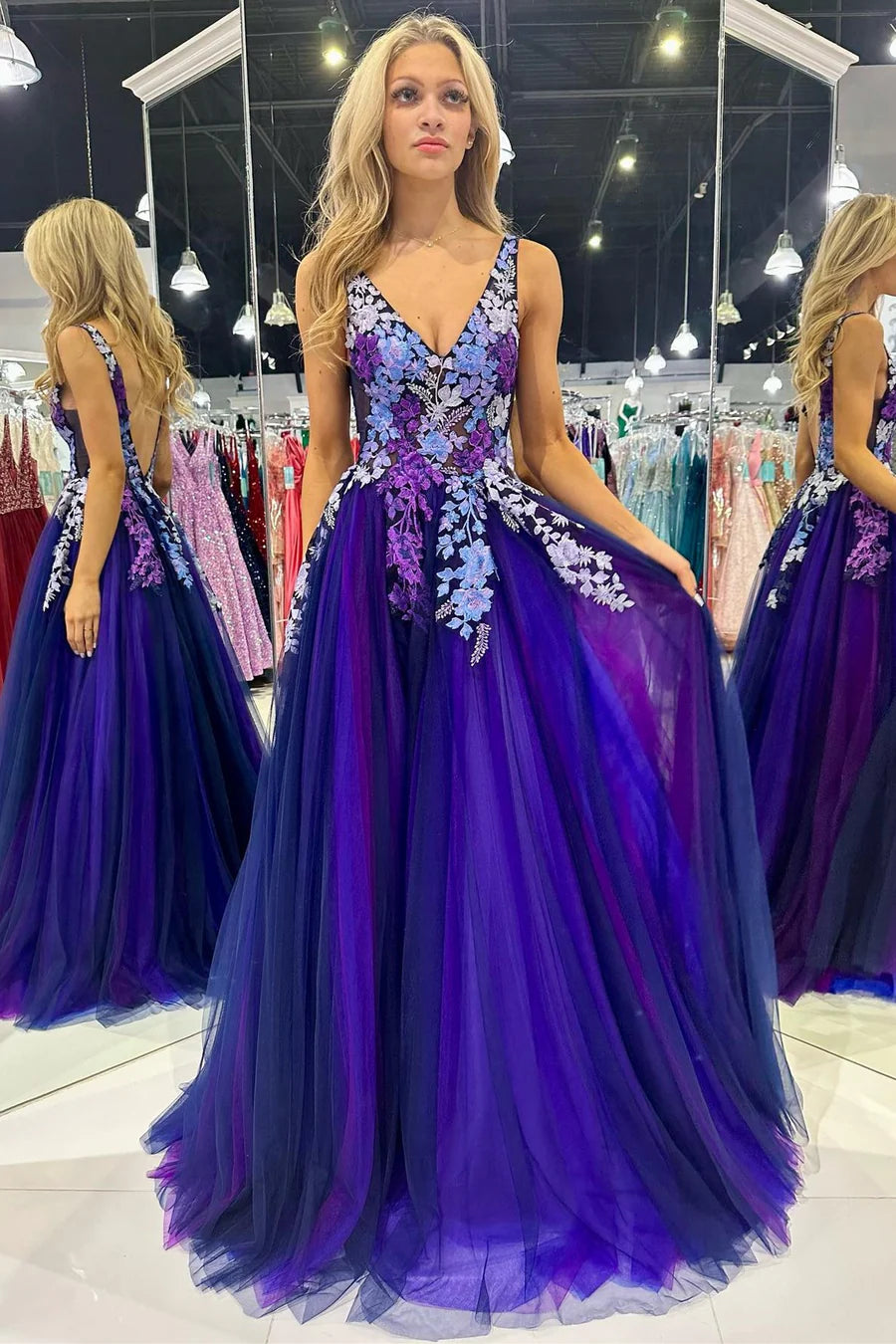 Purple Tulle Appliques V-Neck Open Back Long Prom Dress