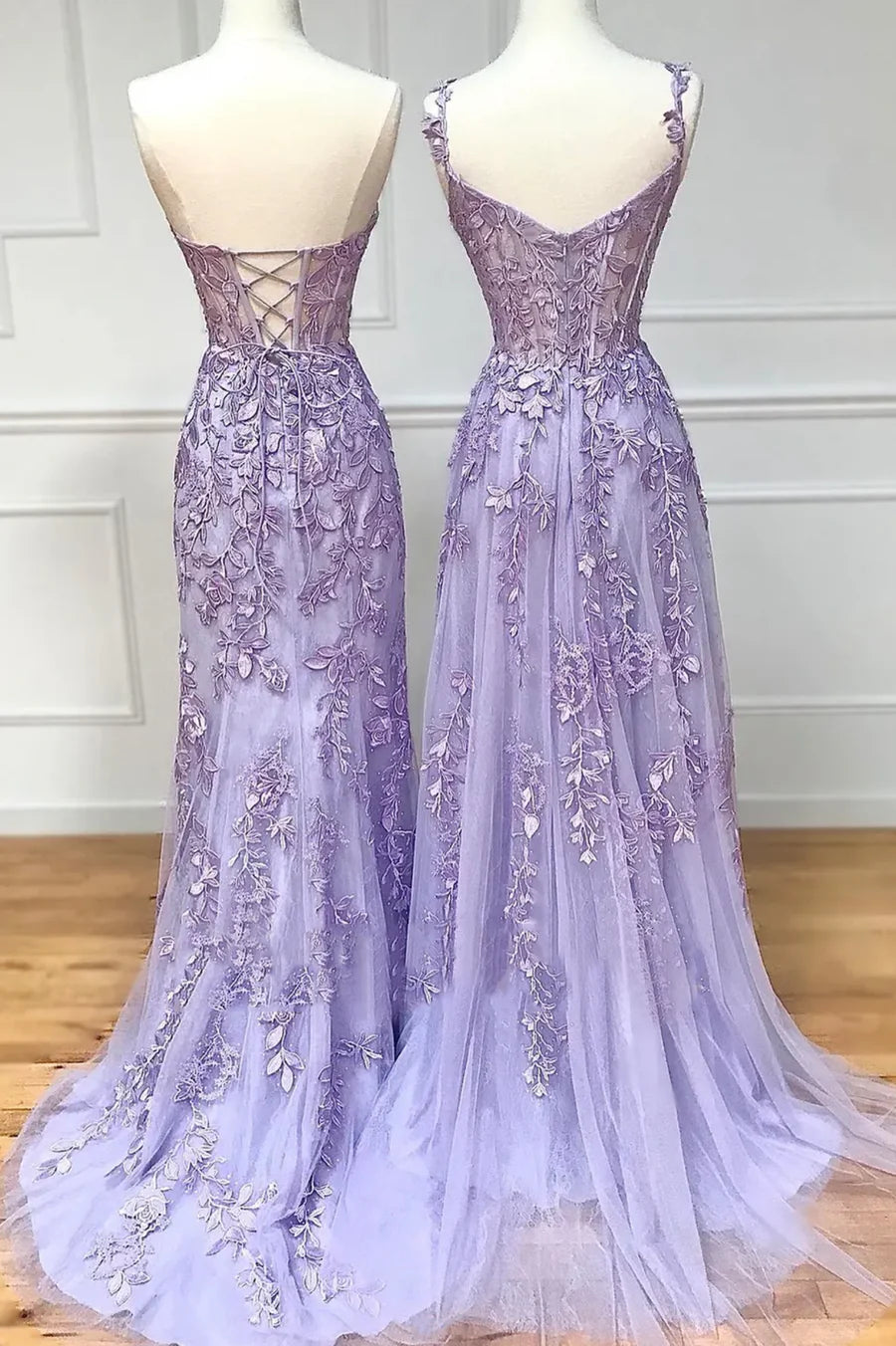 Purple Tulle Lace Long Prom Dresses, Purple Evening Party Dresses