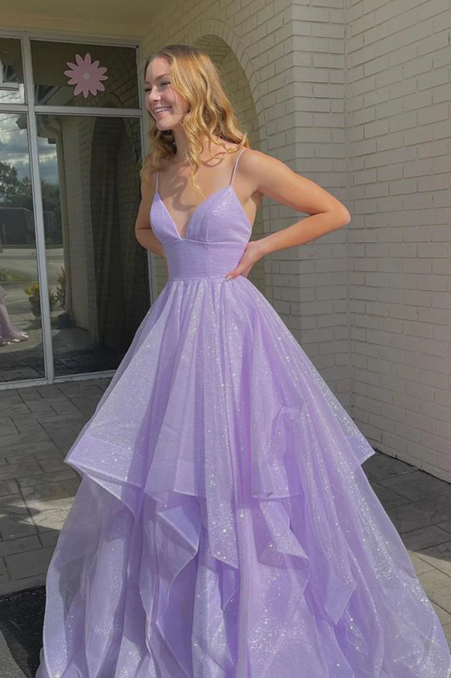 Purple V-Neck Tulle Long Prom Dresses, A-Line Party Evening Dresses