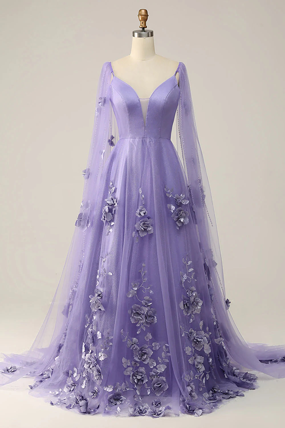 Purple Watteau Train Full Of Charm Prom Dress With 3D Flowers
