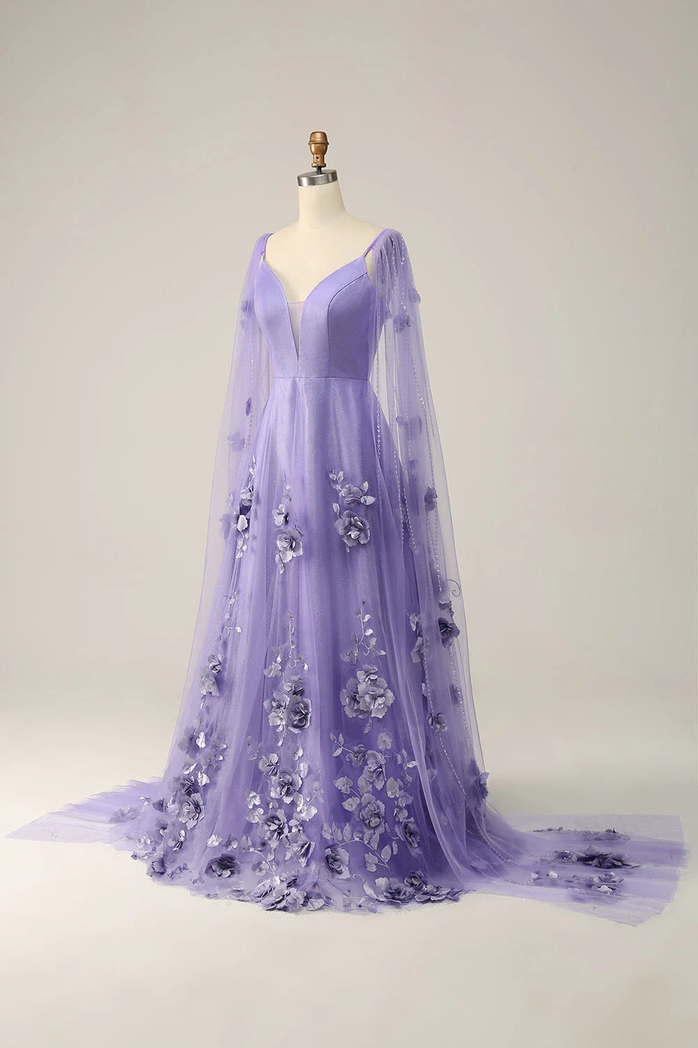 Purple Watteau Train Full Of Charm Prom Dress With 3D Flowers