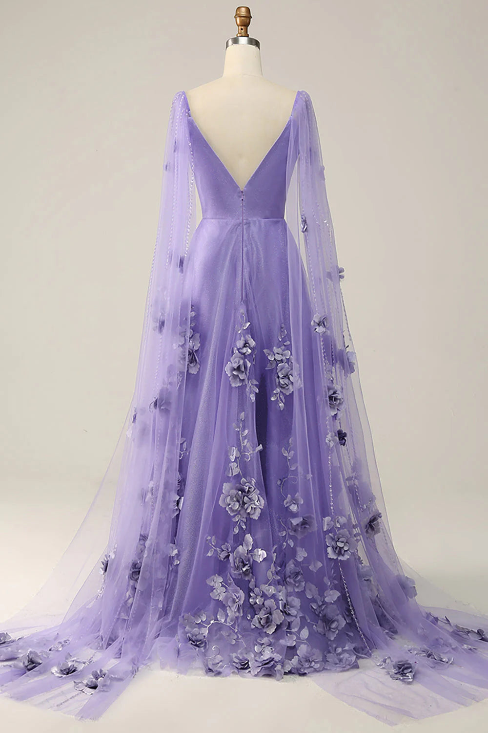 Purple Watteau Train Full Of Charm Prom Dress With 3D Flowers