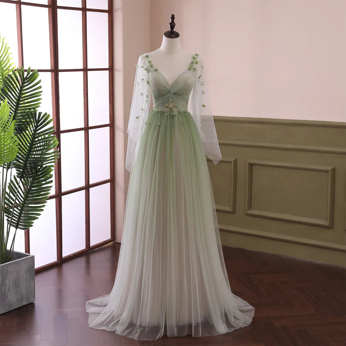 Light Green Long Sleeves Gradient Tulle Full Of Charm Prom Dress