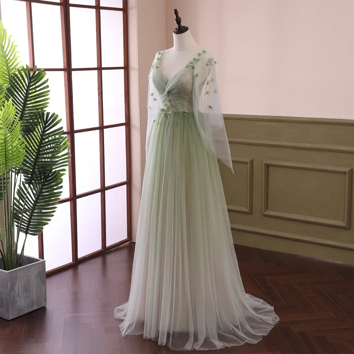 Light Green Long Sleeves Gradient Tulle Full Of Charm Prom Dress