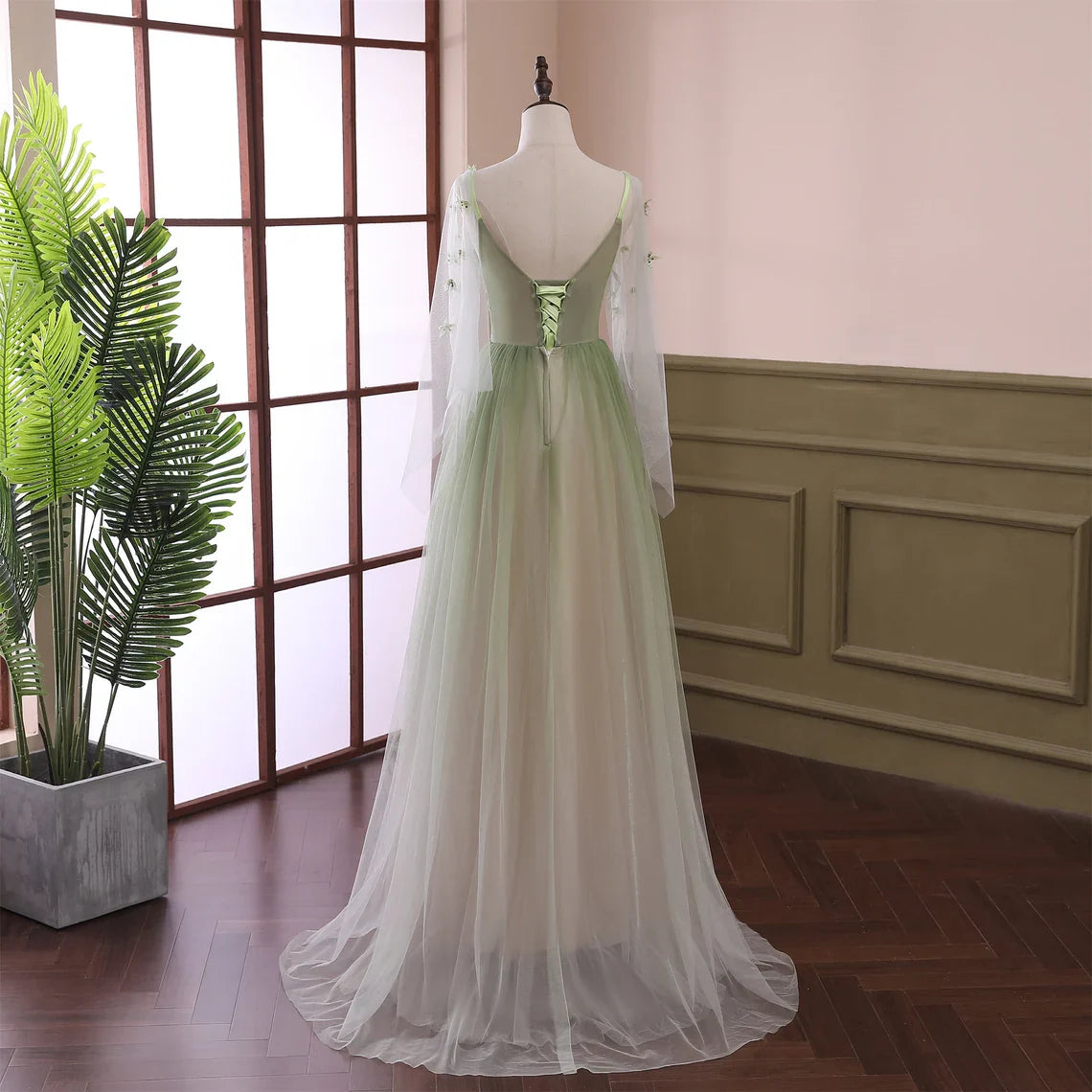 Light Green Long Sleeves Gradient Tulle Full Of Charm Prom Dress