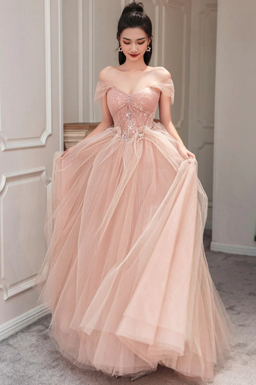 Beautiful Pink Off the Shoulder Lace Party Dresses, Pink Junior Prom Dresses