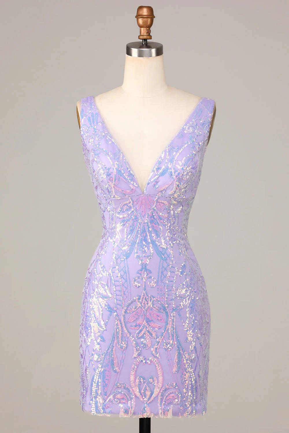 Chic Lilac Bodycon V Neck Sparkly Sequins Short Homecoming Dress