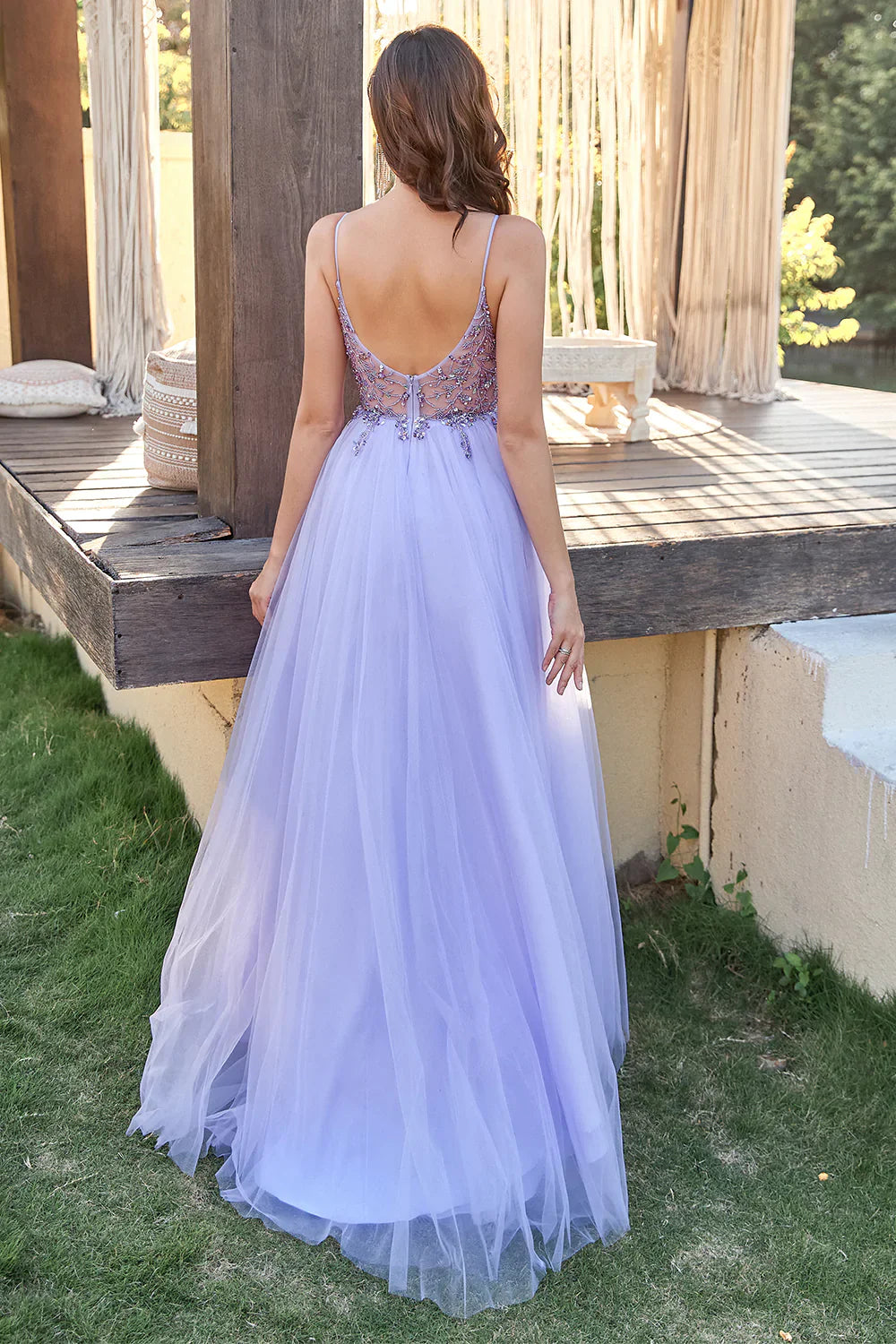 Purple Tulle A-line Prom Dress with Beading