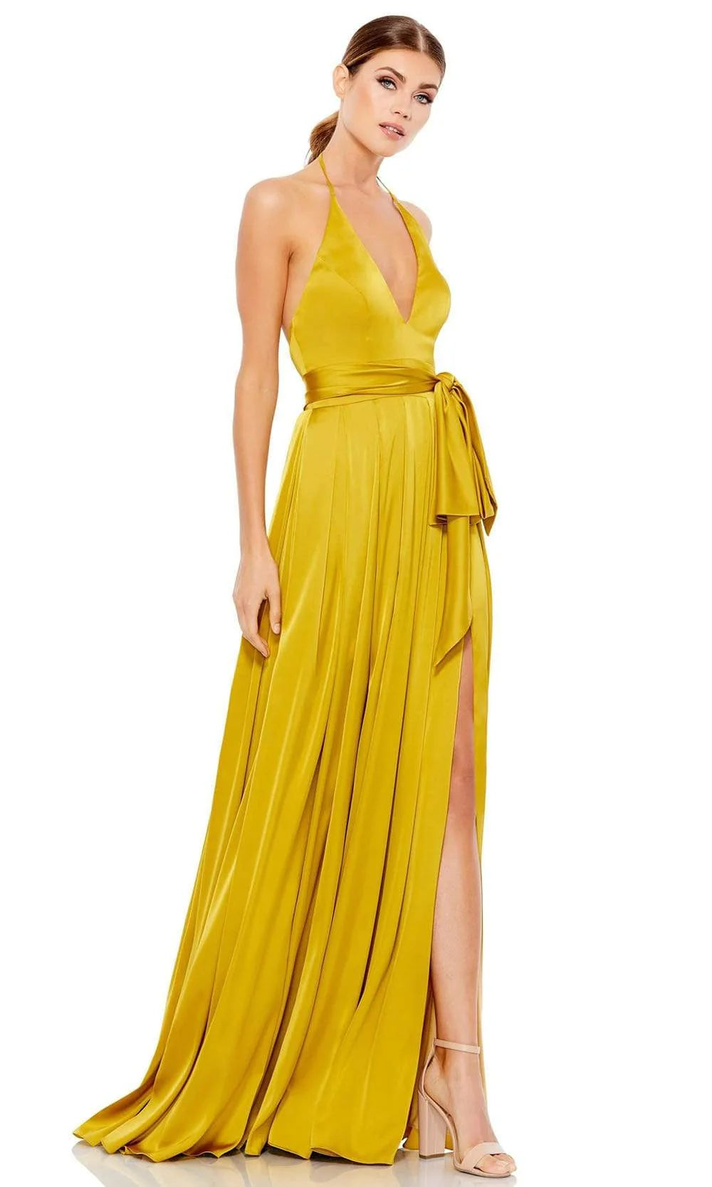 Radiant A-Line Halter Neck Sleeveless Open Back Waist Sash High Slit Floor Length Evening Dress