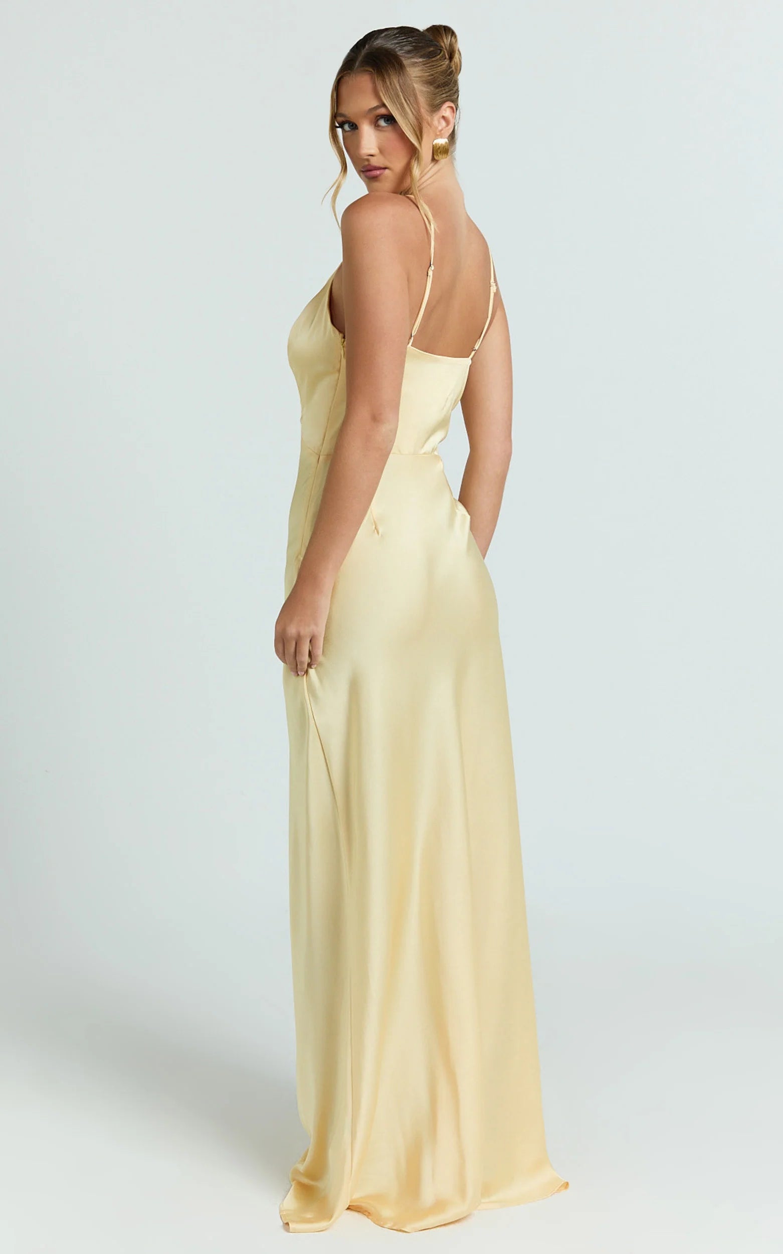 Radiant Slip-Style Deep-V Thin-Strap Open-Back Yellow Satin Evening Dress