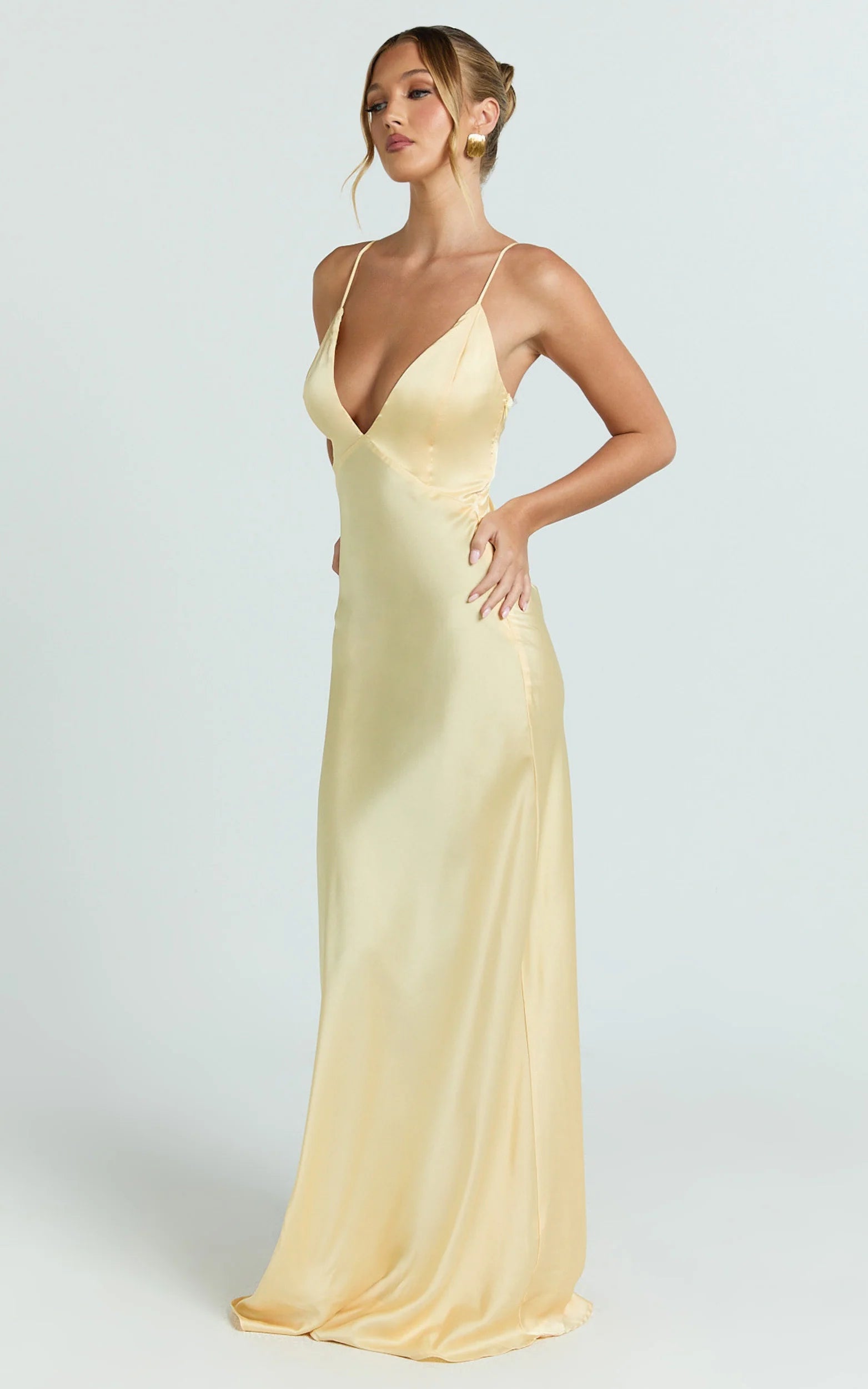 Radiant Slip-Style Deep-V Thin-Strap Open-Back Yellow Satin Evening Dress