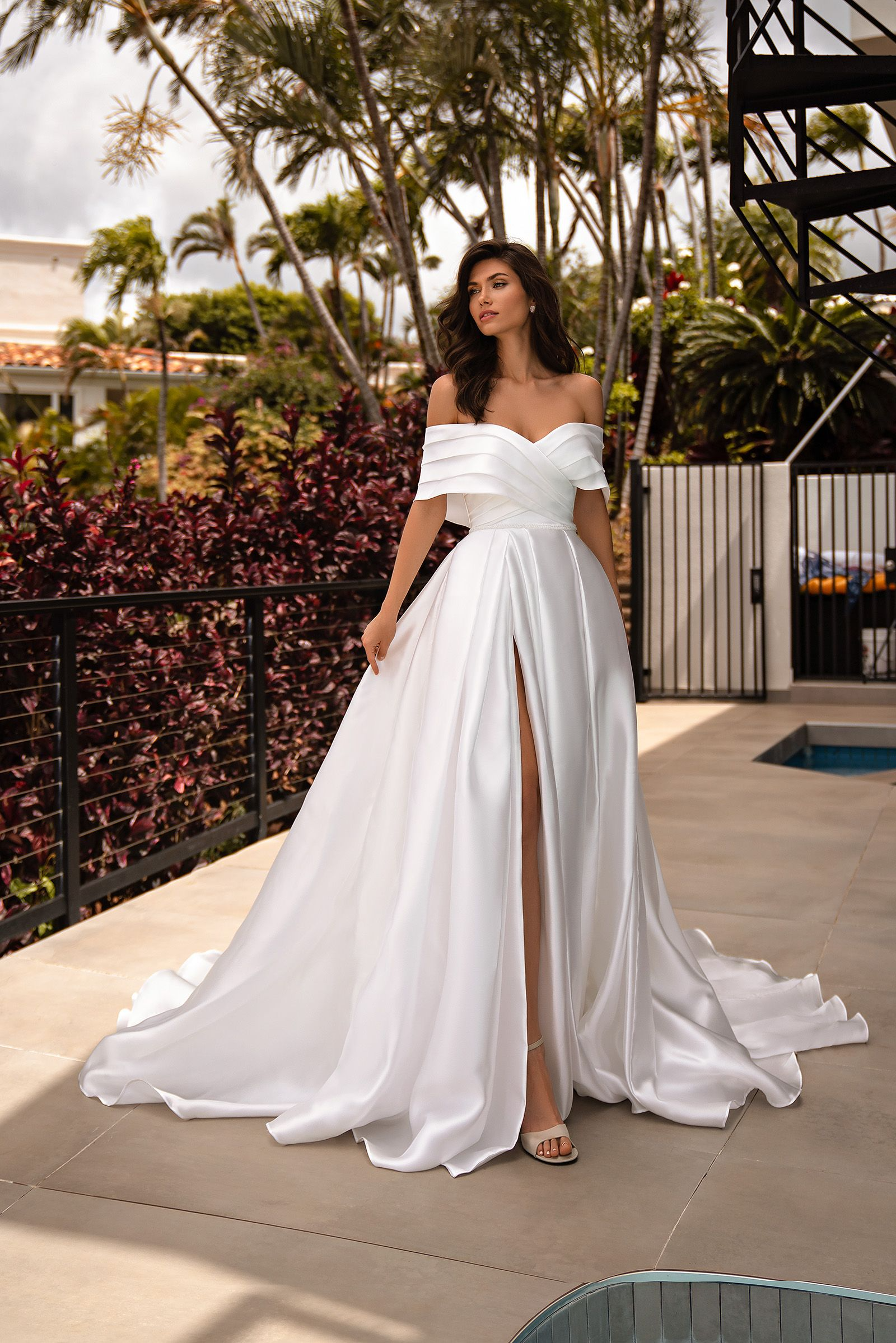 Radiant Beach Satin A-Line Off-Shoulder Sweetheart Short Sleeve Zipper Back Floor-Length Chapel Train Wedding Dresses