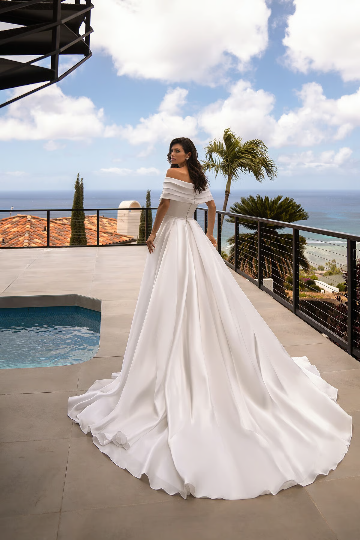 Radiant Beach Satin A-Line Off-Shoulder Sweetheart Short Sleeve Zipper Back Floor-Length Chapel Train Wedding Dresses