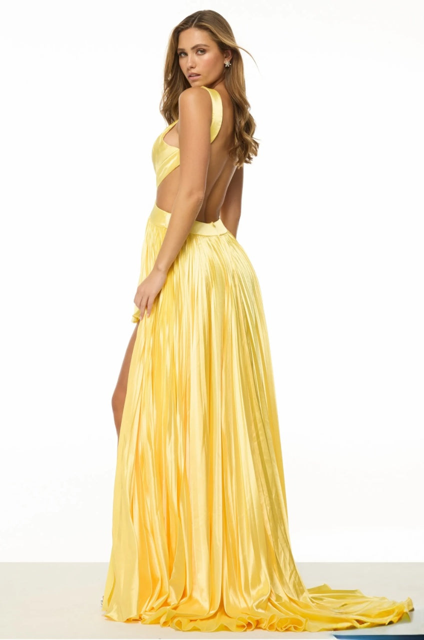 Radiant Satin A-Line High Neck Sleeveless Open Back Floor-Length High Slit Evening Dresses