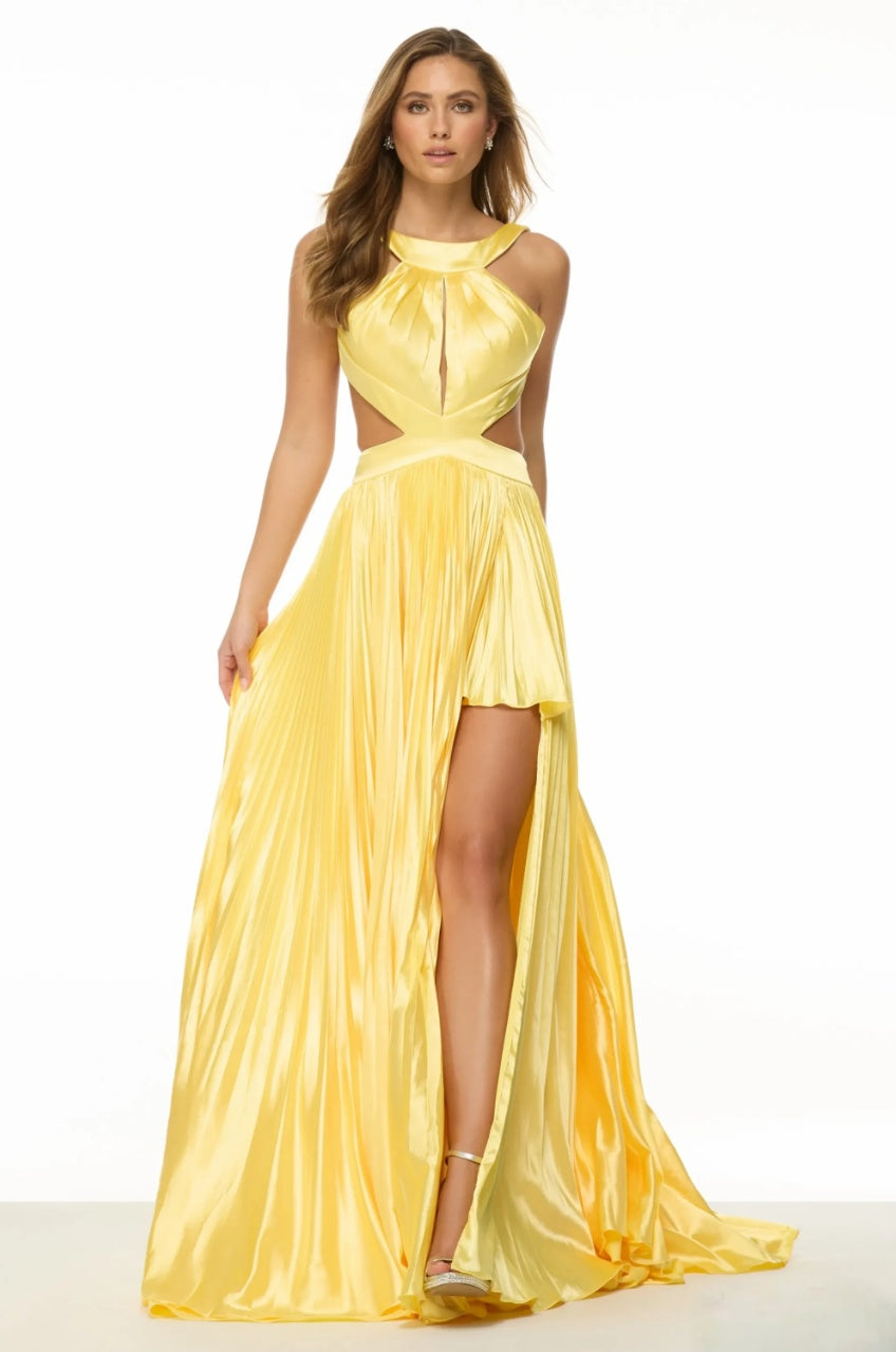 Radiant Satin A-Line High Neck Sleeveless Open Back Floor-Length High Slit Evening Dresses