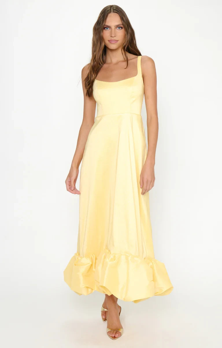 Radiant Satin A-Line Square Neck Sleeveless Smocked Back Midi Length Bridesmaid Dresses