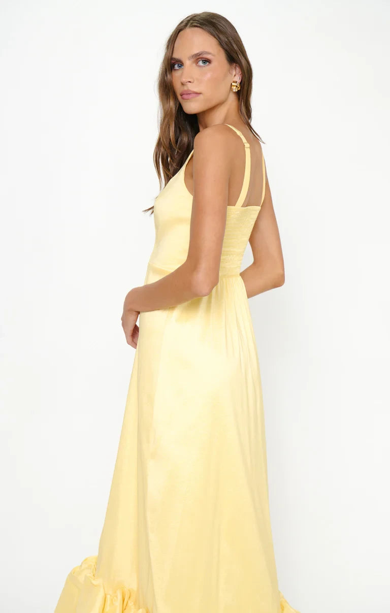 Radiant Satin A-Line Square Neck Sleeveless Smocked Back Midi Length Bridesmaid Dresses