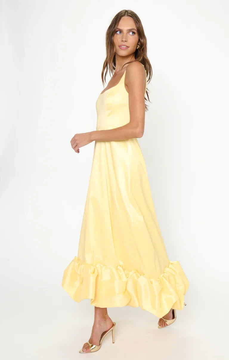 Radiant Satin A-Line Square Neck Sleeveless Smocked Back Midi Length Bridesmaid Dresses