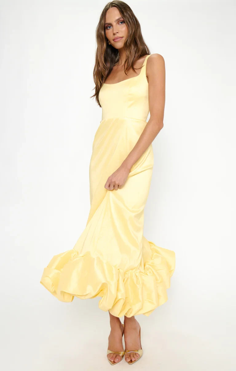 Radiant Satin A-Line Square Neck Sleeveless Smocked Back Midi Length Bridesmaid Dresses