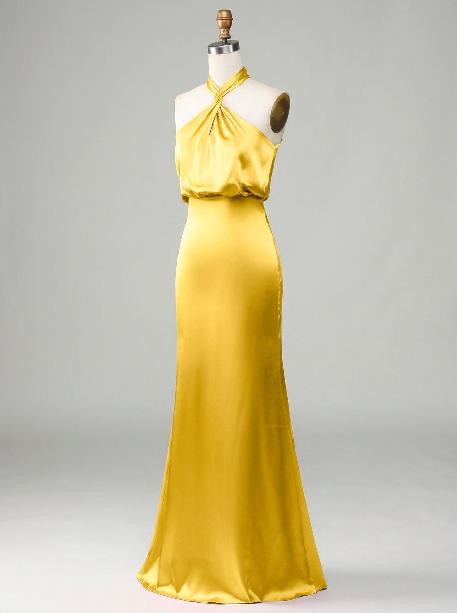 Radiant Satin Sheath Halter Sleeveless High Back Floor-Length Bridesmaid Dresses
