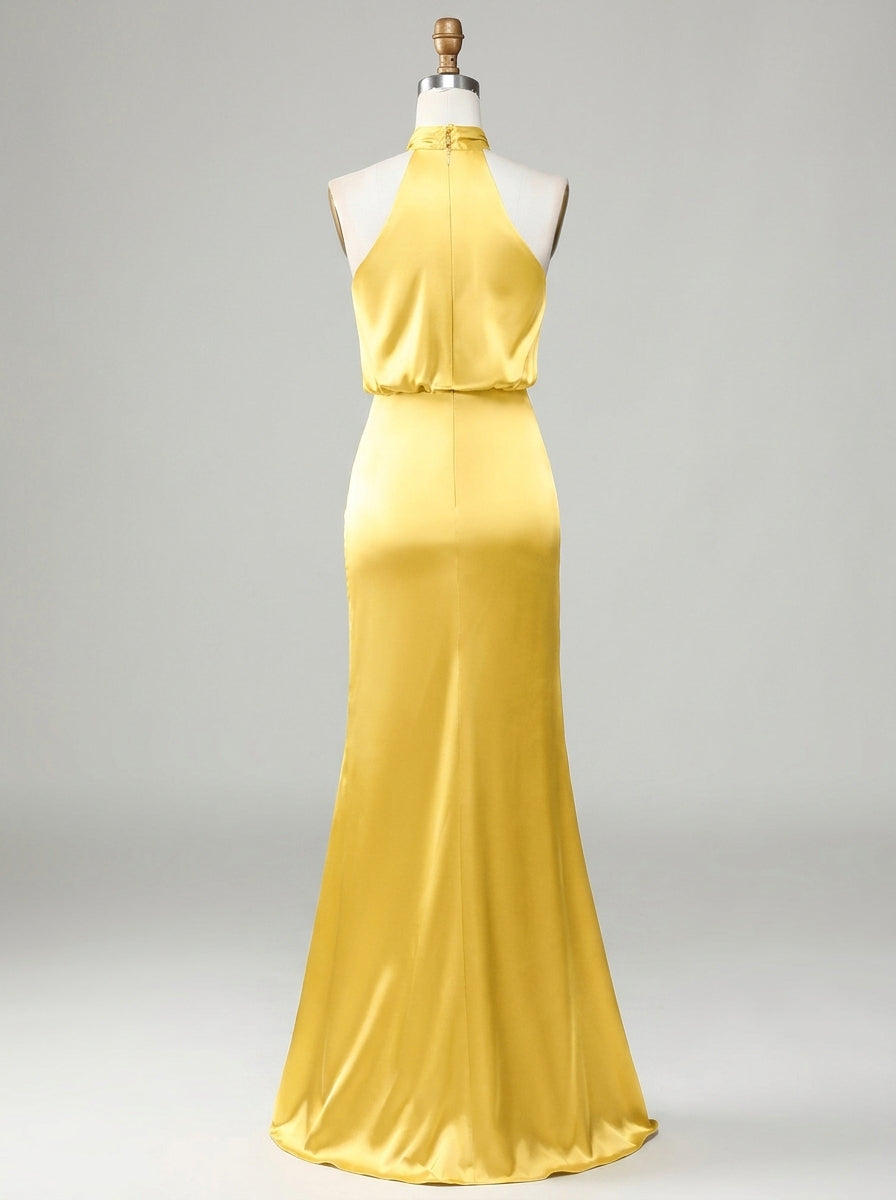 Radiant Satin Sheath Halter Sleeveless High Back Floor-Length Bridesmaid Dresses