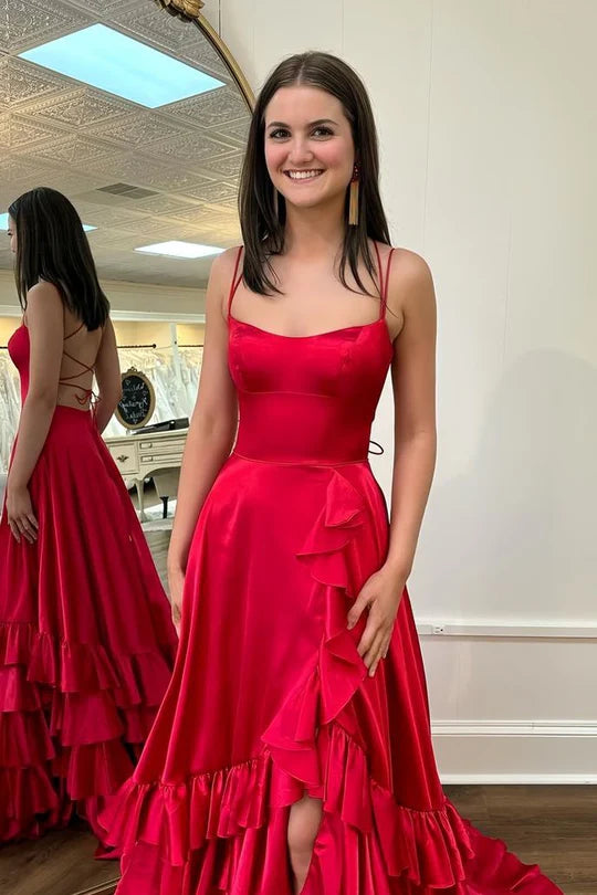 Red Spaghetti Straps Ruched Satin Long Prom Formal Dress