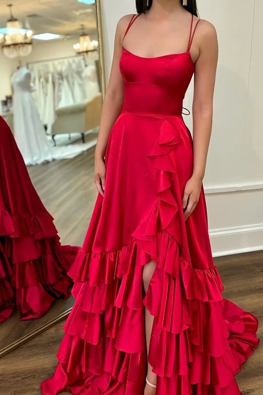 Red Spaghetti Straps Ruched Satin Long Prom Formal Dress