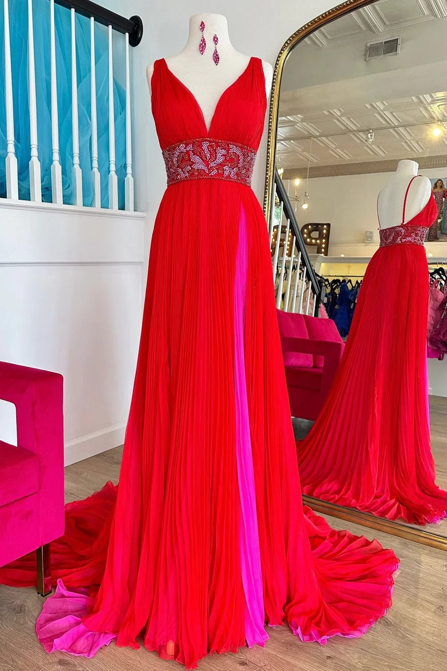 Red A-Line V-Neck Court Train Full Of Charm Prom Dress